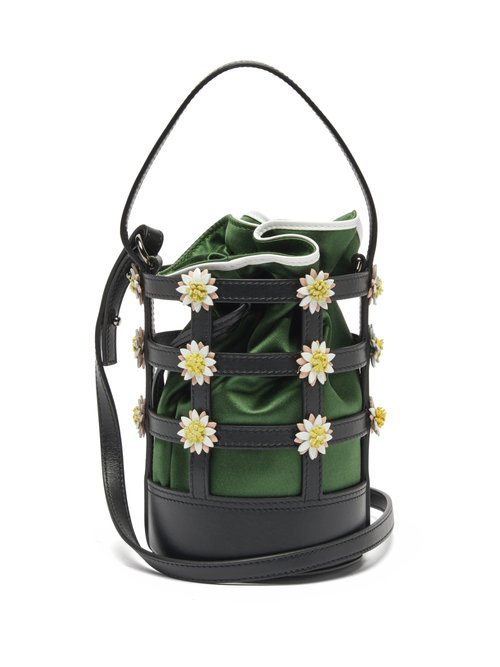 Fabrizio Viti - Miss Daisy Leather And Satin Bucket Bag - Womens - Green Multi