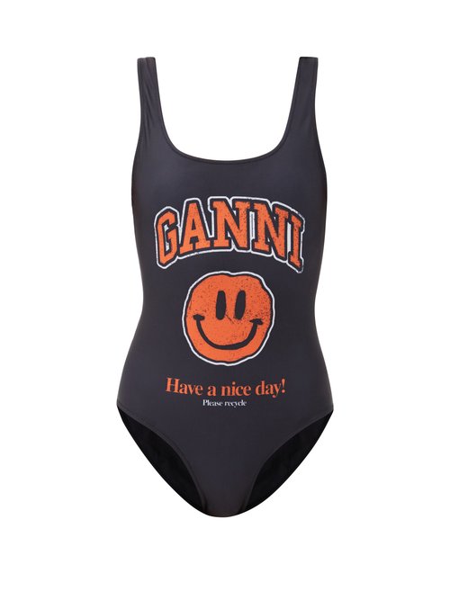 Buy Ganni - Smiling Face-print Recycled-fibre Swimsuit Black Print online - shop best Ganni swimwear sales