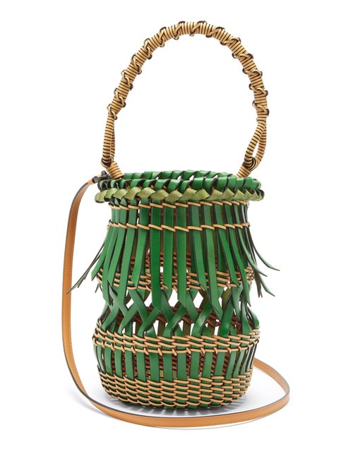 Loewe - Fringes Open-work Leather Bucket Bag - Womens - Green Multi