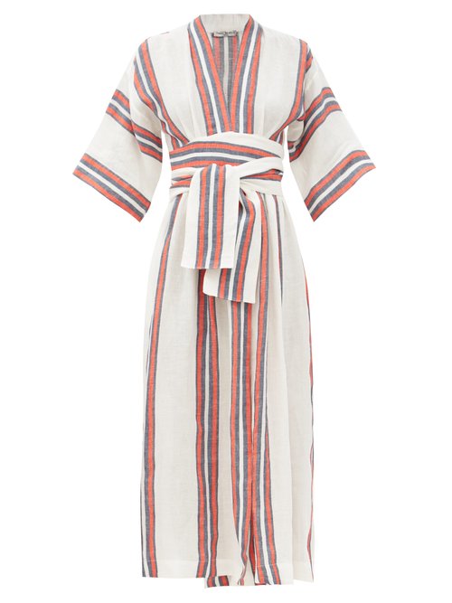Three Graces London - Charita V-neck Striped Linen Wrap Dress Red Stripe