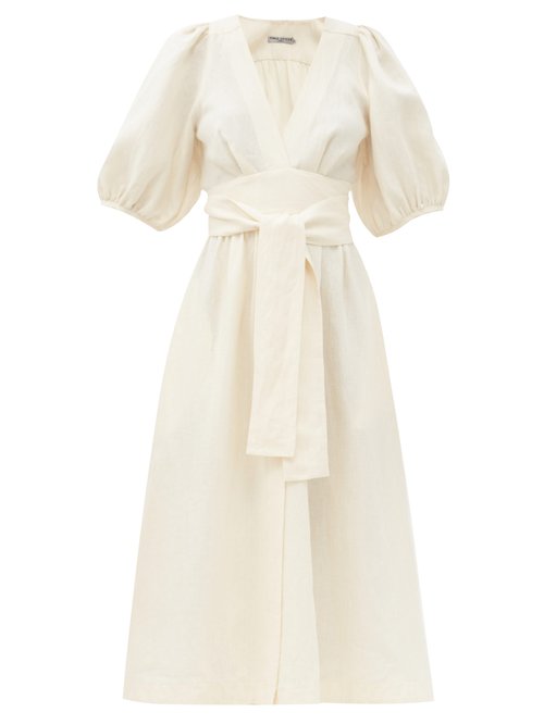 Three Graces London - Fiona Puff-sleeve Tie-waist Linen Midi Dress Ivory