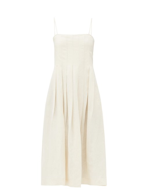 Three Graces London – Lucia Pleated Linen Midi Dress Ivory