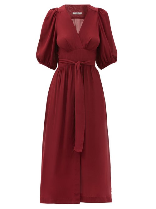 Three Graces London - Fiona Puff-sleeve Midi Wrap Dress Dark Red