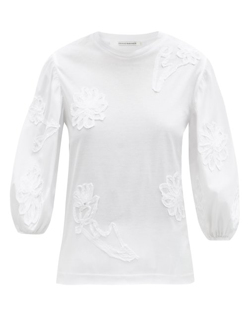 Cecilie Bahnsen - Clay Floral-appliqué Balloon-sleeve Cotton Top White