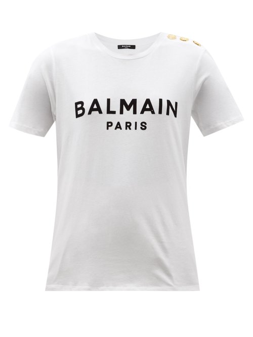 Balmain - Buttoned-shoulder Logo-print Cotton-jersey T-shirt White Black