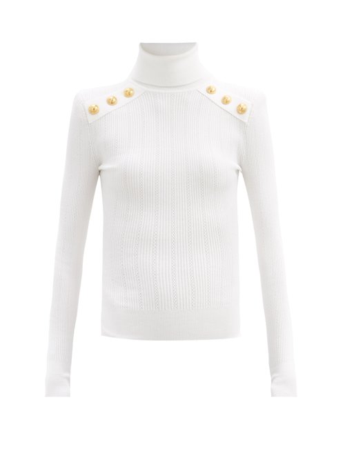 Buy Balmain - Padded-shoulder Roll-neck Sweater White online - shop best Balmain 
