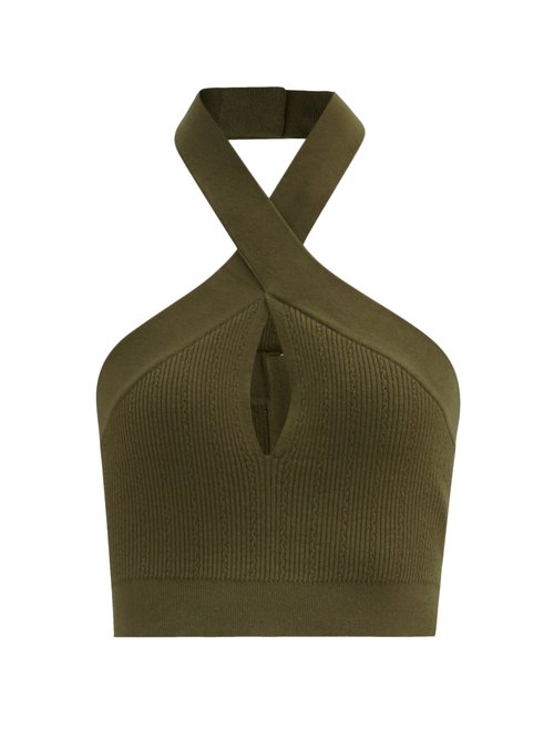 Balmain - Twisted-halterneck Stretch-knit Cropped Top Khaki