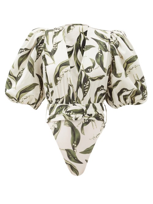 Adriana Degreas - Belted Floral-print Cotton-jersey Bodysuit Cream Print