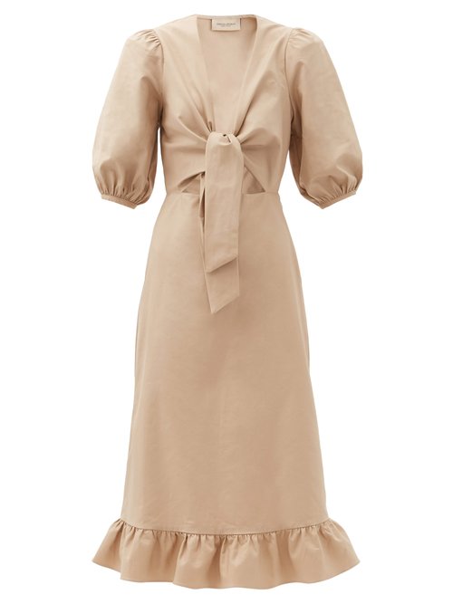 Adriana Degreas - Tie-front Cutout Cotton-blend Midi Dress Beige