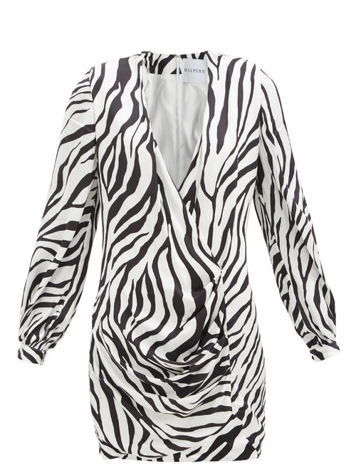 Halpern – Draped Zebra-print Satin Mini Dress Black White
