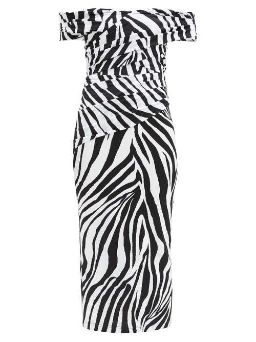 Halpern – Off-the-shoulder Zebra-print Jersey Dress Black White
