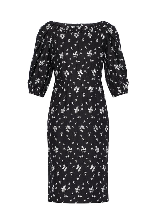Erdem - Gerald Floral-embroidered Ruched-sleeve Dress Black White