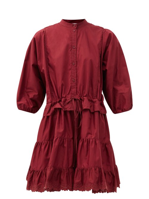 Buy See By Chloé - Lace-trimmed Cotton-poplin Mini Dress Burgundy online - shop best See By Chloé clothing sales