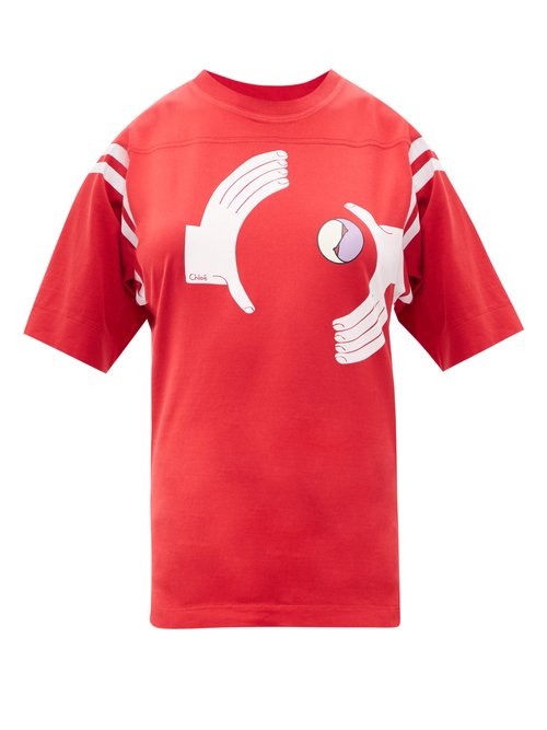 Chloé – Hand-print Striped Organic Cotton-blend T-shirt Red Print