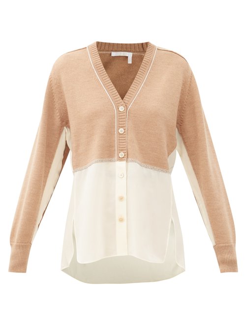 Chloé – Silk-georgette And Knitted Wool Cardigan Light Brown