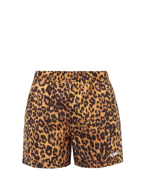 Vetements - Logo And Leopard-print Swim Shorts - Mens - Brown Multi
