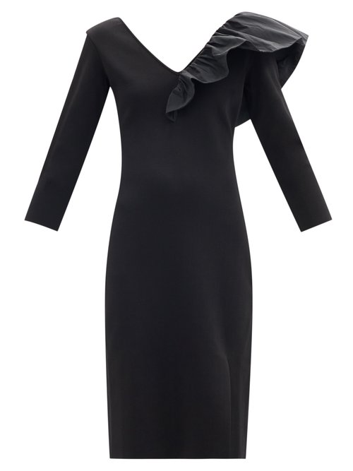 Givenchy - Flounced V-neck Ribbed-jersey Dress Black