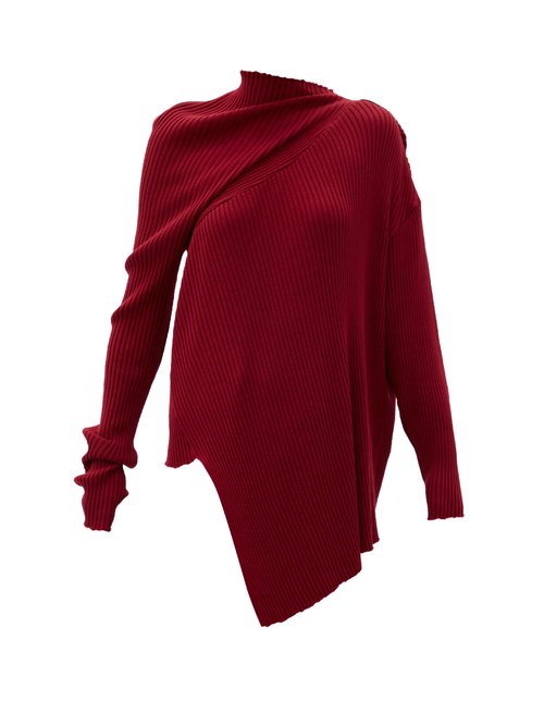 Marques'almeida - Asymmetric Draped Ribbed Wool Sweater Burgundy