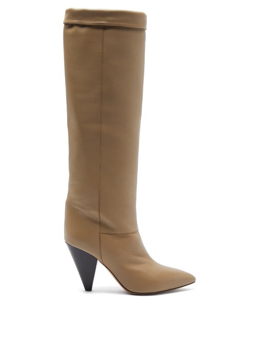 Isabel Marant – Loens Foldover-top Leather Knee-high Boots Beige