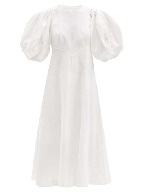Zimmermann - Puffed-sleeve Linen Midi Dress White | Coshio Online Shop