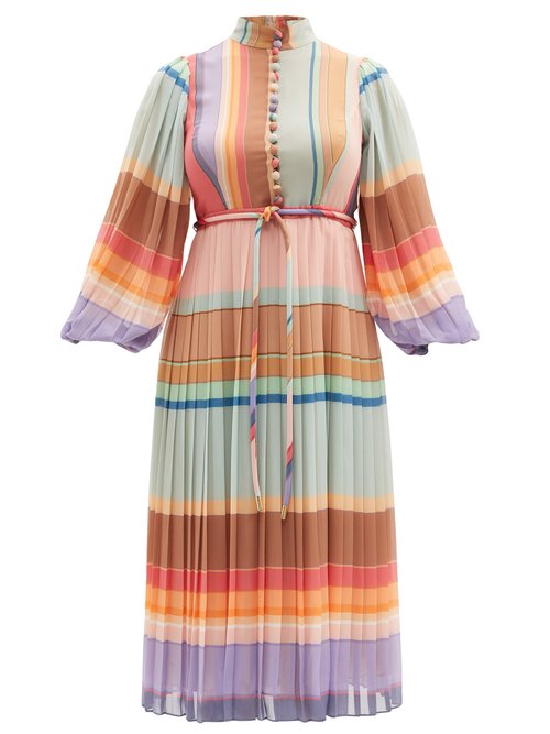 Zimmermann - Rainbow Striped Crepe De Chine Midi Dress Multi