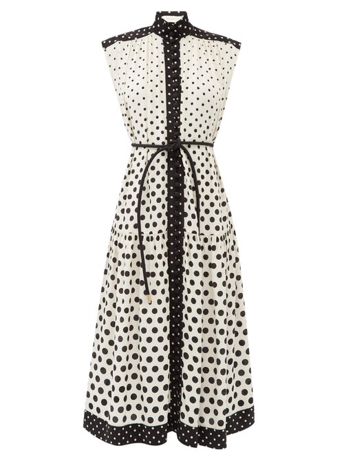 Zimmermann – Belted Polka-dot Silk Crepe De Chine Midi Dress White Black