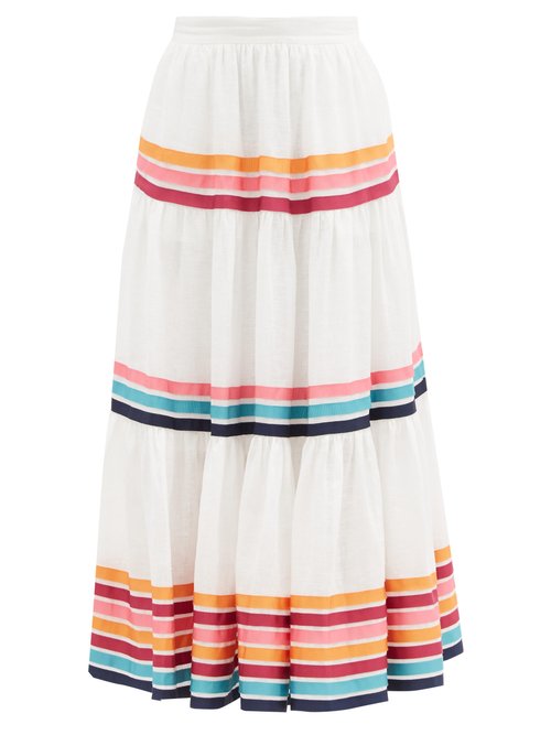Zimmermann - Lulu Tiered Ribbon-appliqué Linen-poplin Skirt Ivory Beachwear