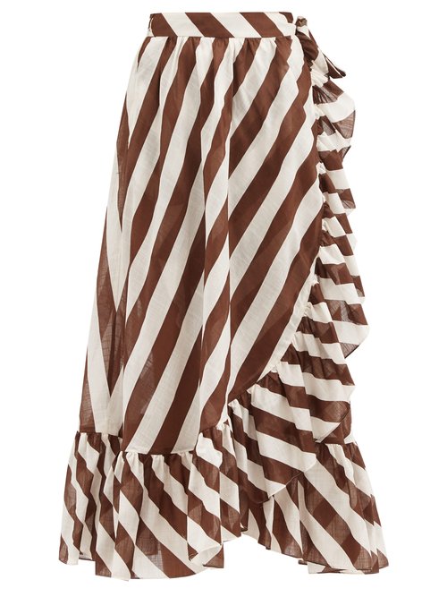 Zimmermann – Lulu Striped Cotton Wrap Skirt Brown Stripe Beachwear