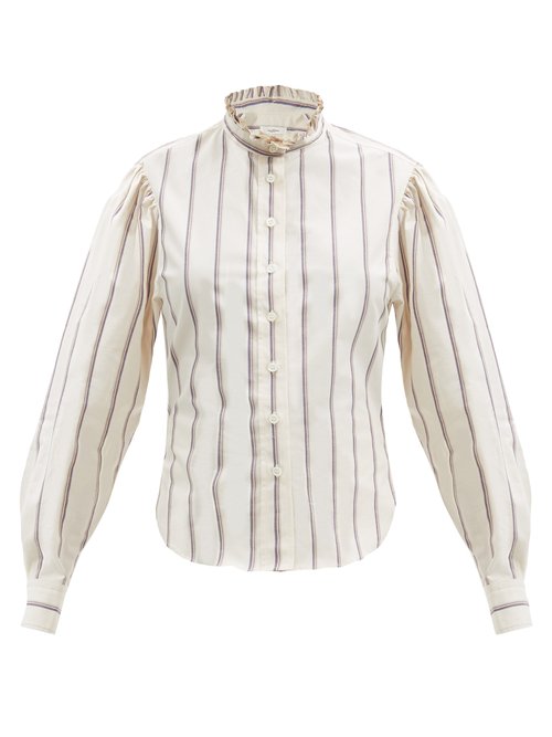 Buy Isabel Marant Étoile - Jancis Ruffled High-neck Striped Cotton Shirt Ivory online - shop best Isabel Marant Étoile 