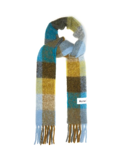 Acne Studios - Large-check Logo-label Felted Scarf - Mens - Green Multi