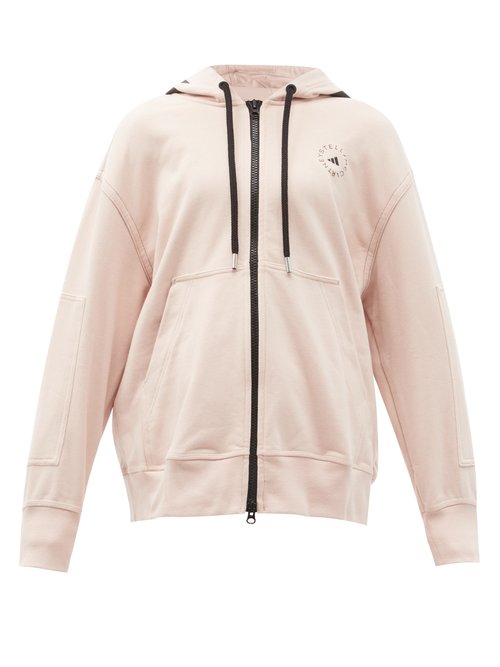 Adidas By Stella Mccartney Zipped Logo-print Cotton Hooded Sweatshirt In Rose-pink