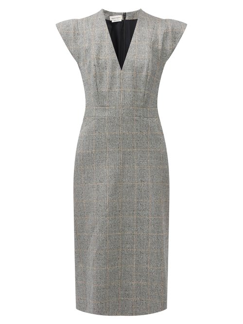 Alexander Mcqueen – Prince Of Wales-check Wool-blend Pencil Dress Grey