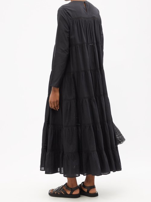 Merlette Maida Tiered Cotton And Silk-blend Midi Dress In Black