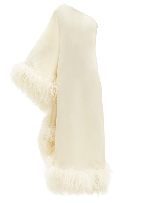 Taller Marmo - Ubud One-shoulder Feather-trimmed Crepe Midi Dress Ivory