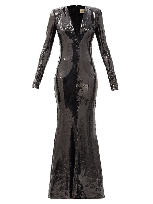 Buy Alexandre Vauthier - Plunge-neck Sequinned Fluted Gown Black online - shop best Alexandre Vauthier clothing sales