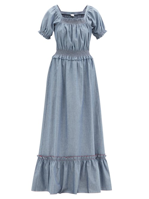 Buy Loretta Caponi - Stefania Shirred Cotton-chambray Maxi Dress Blue online - shop best Loretta Caponi clothing sales