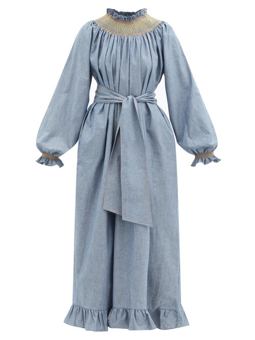 Buy Loretta Caponi - Loretta Smocked Cotton-chambray Maxi Dress Blue online - shop best Loretta Caponi clothing sales
