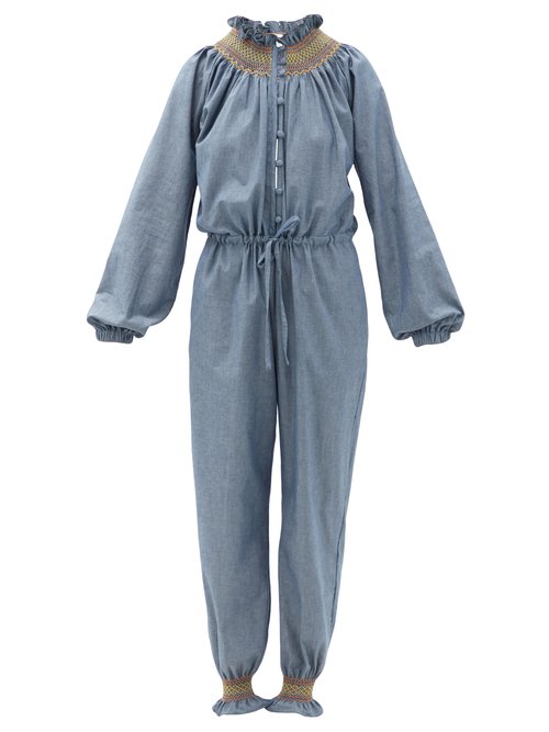Loretta Caponi – Cristina Smocked Cotton-chambray Jumpsuit Blue