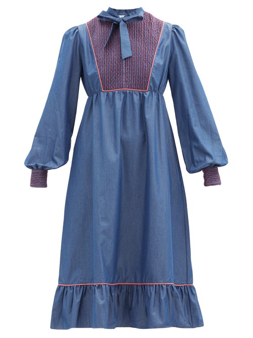 Buy Loretta Caponi - Nadia Smocked Cotton-poplin Midi Dress Dark Blue online - shop best Loretta Caponi clothing sales
