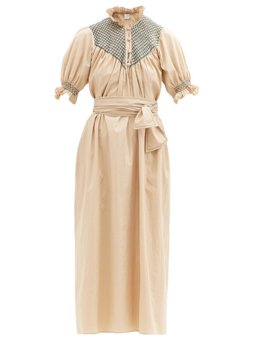 Buy Loretta Caponi - Elena High-neck Smocked Cotton Dress Camel online - shop best Loretta Caponi clothing sales