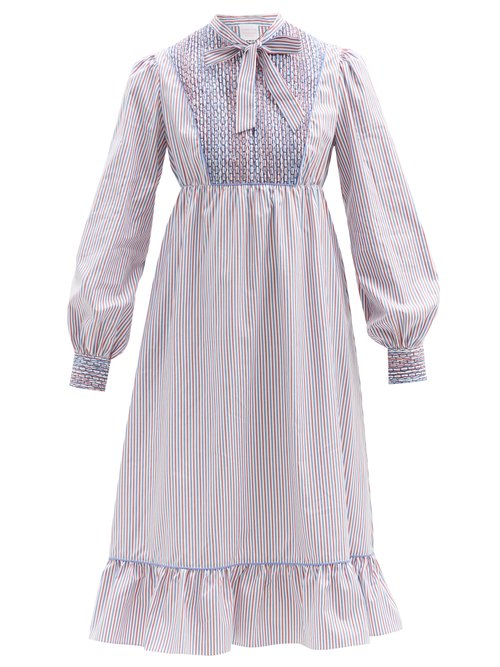 Loretta Caponi - Nadia Striped Cotton-poplin Midi Dress Blue Stripe