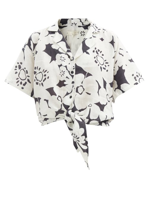 Cala De La Cruz - Marcy Floral-print Tie-front Cropped Linen Shirt Black White