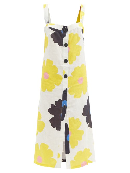 Cala De La Cruz - Tamara Floral-print Linen Midi Dress Cream Print