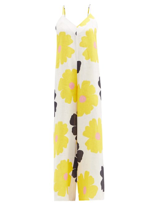 Cala De La Cruz – Paulina Floral-print Linen Jumpsuit Cream Print