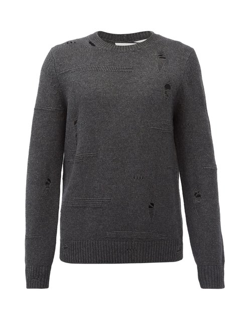 Helmut Lang - Distressed Crew-neck Wool-blend Sweater - Mens - Dark Grey