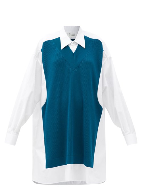 Maison Margiela – Rib-knitted Panel Cotton-poplin Shirtdress Blue/ White