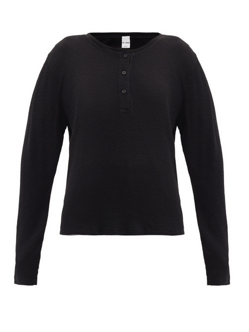 Re/Done - Waffle-knit Cotton-jersey Henley Top Black
