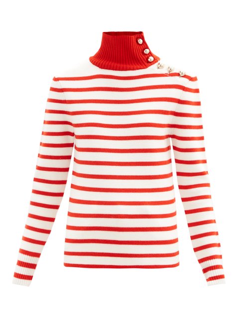 Paco Rabanne - Button-embellished Striped Virgin Wool Sweater Red White