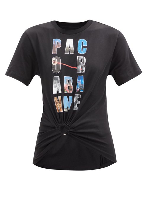Paco Rabanne - Logo-print Gathered Organic-cotton T-shirt Black Multi