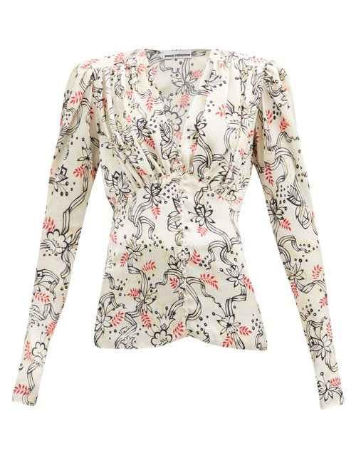 Paco Rabanne - Gathered Ribbon And Floral-print Satin Top Beige Print